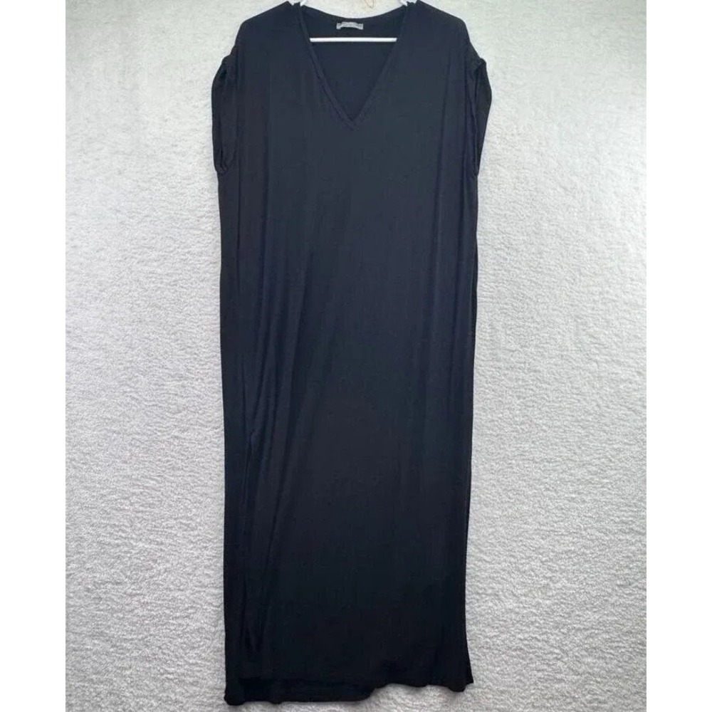 Zara Dress Womens Large Black V Neck Maxi Short Sleeve‎ Casual Stretch